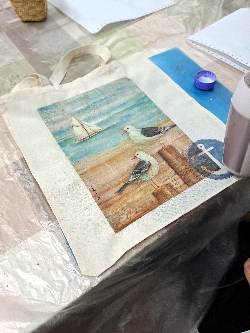 Mix média technika na textil - plátená taška